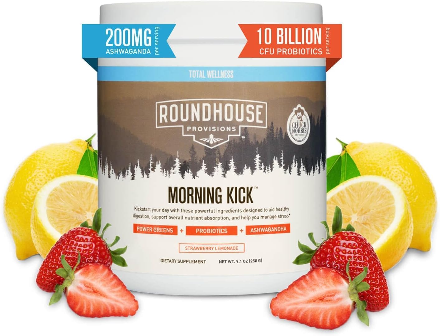 ROUNDHOUSE PROVISIONS ( 3 Pack ) MORNING KICK-DIGESTIVE POWDER-STRAWBERRY LEMONADE, 9.1 oz