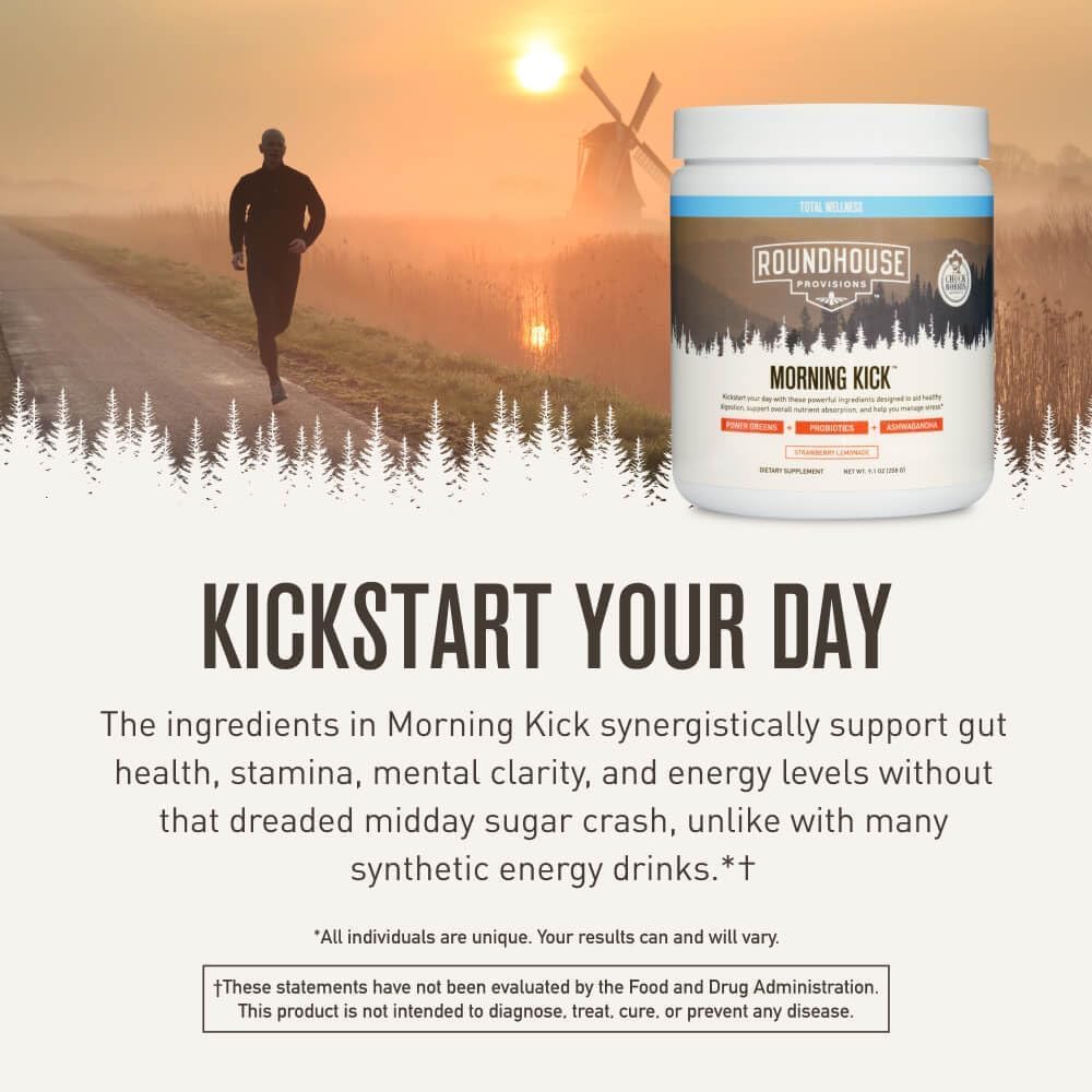 ROUNDHOUSE PROVISIONS ( 3 Pack ) MORNING KICK-DIGESTIVE POWDER-STRAWBERRY LEMONADE, 9.1 oz
