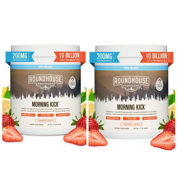 ROUNDHOUSE PROVISIONS ( 2 Pack ) MORNING KICK-DIGESTIVE POWDER-STRAWBERRY LEMONADE, 9.1 oz