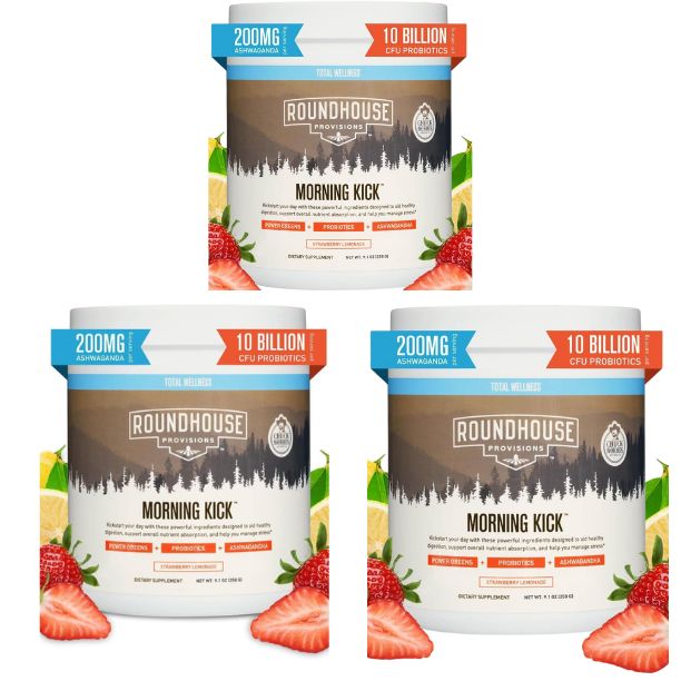 ROUNDHOUSE PROVISIONS ( 3 Pack ) MORNING KICK-DIGESTIVE POWDER-STRAWBERRY LEMONADE, 9.1 oz